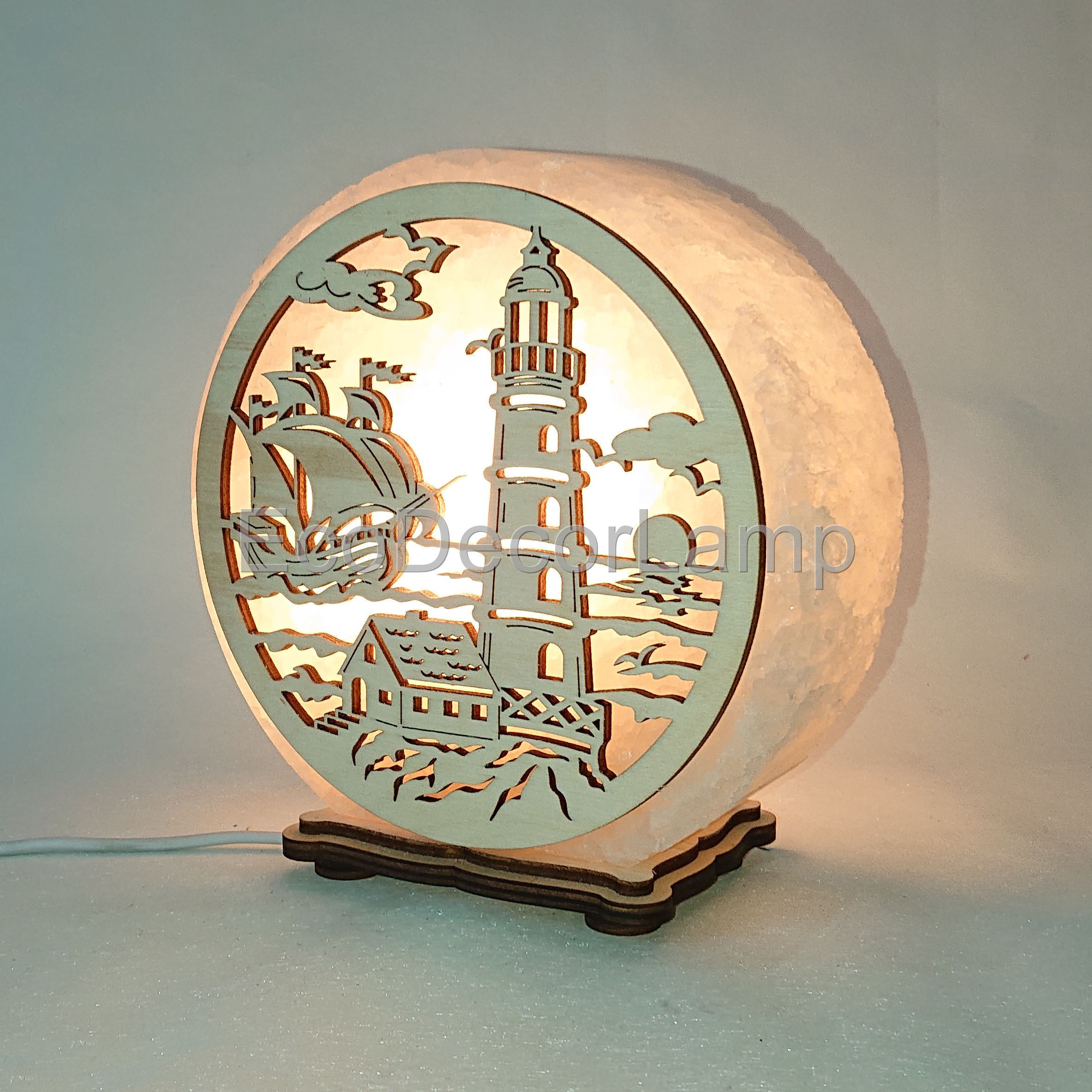 

Соляной светильник EcoDecorLamp круглый Маяк и корабль жёлтый