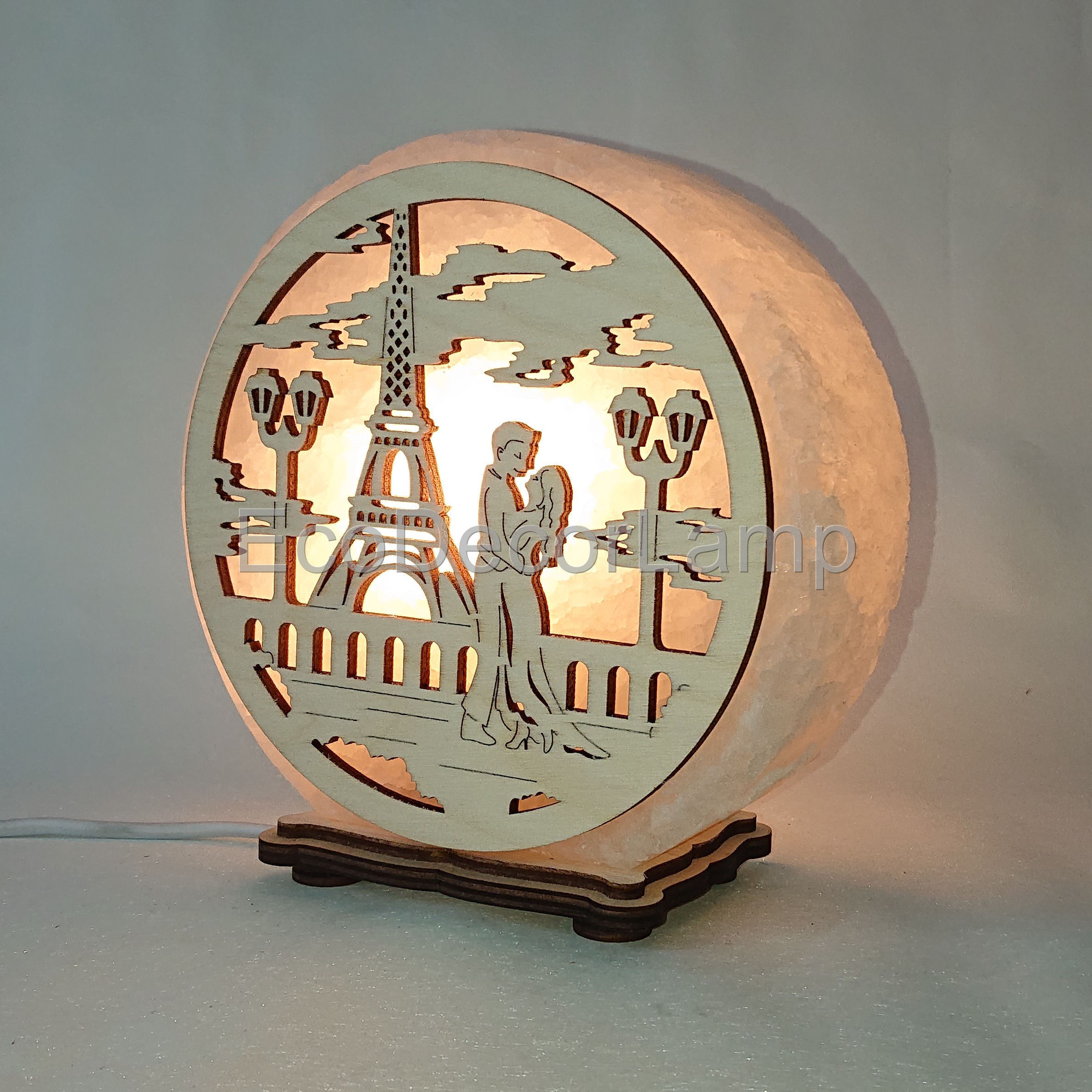 

Соляной светильник EcoDecorLamp круглый Эйфелевая башня любовь жёлтый