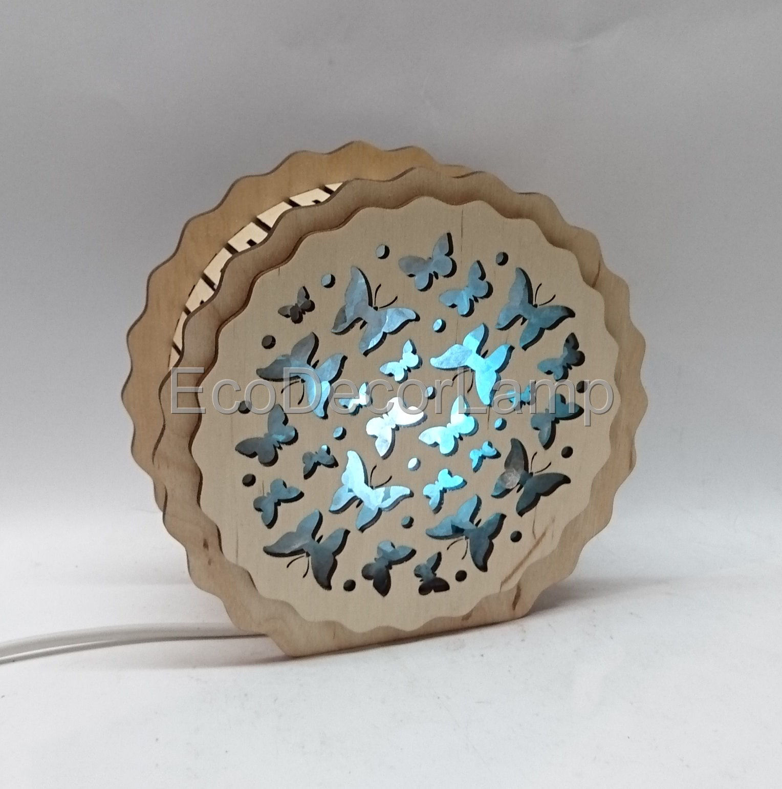 

Соляной светильник EcoDecorLamp деревянный Круглый Бабочки синий