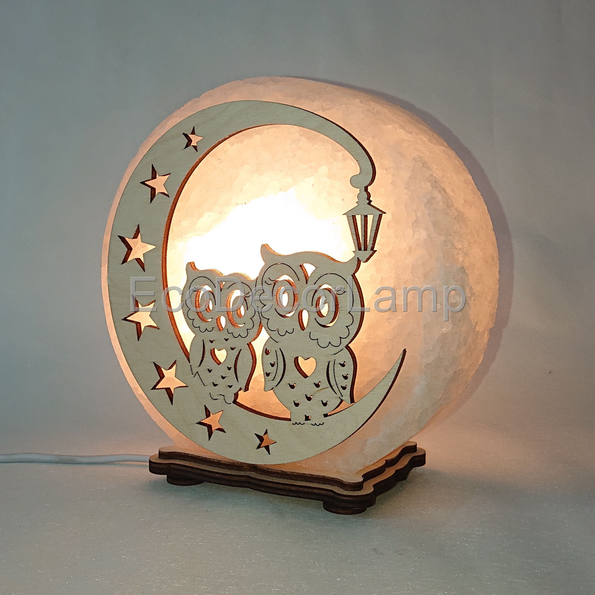 

Соляной светильник EcoDecorLamp круглый Совы на луне жёлтый