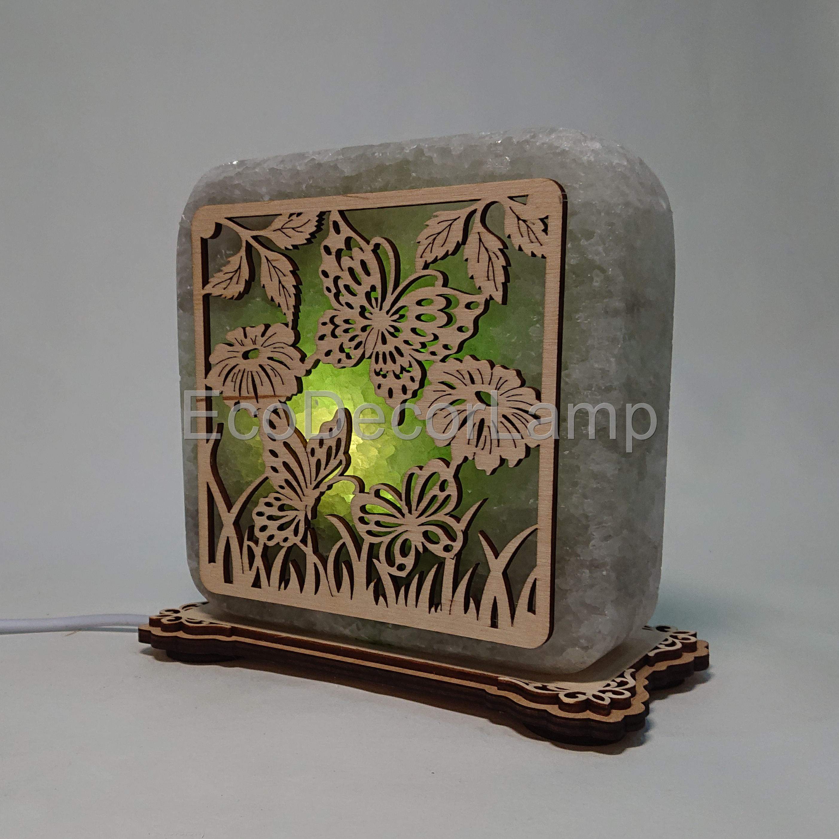 

Соляной светильник EcoDecorLamp квадратный Бабочки в траве зелёный