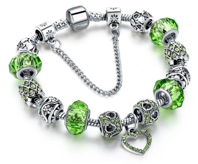 

Женский браслет Primo Heart в стиле пандора - Green Primo белый, салатовый, серебряный