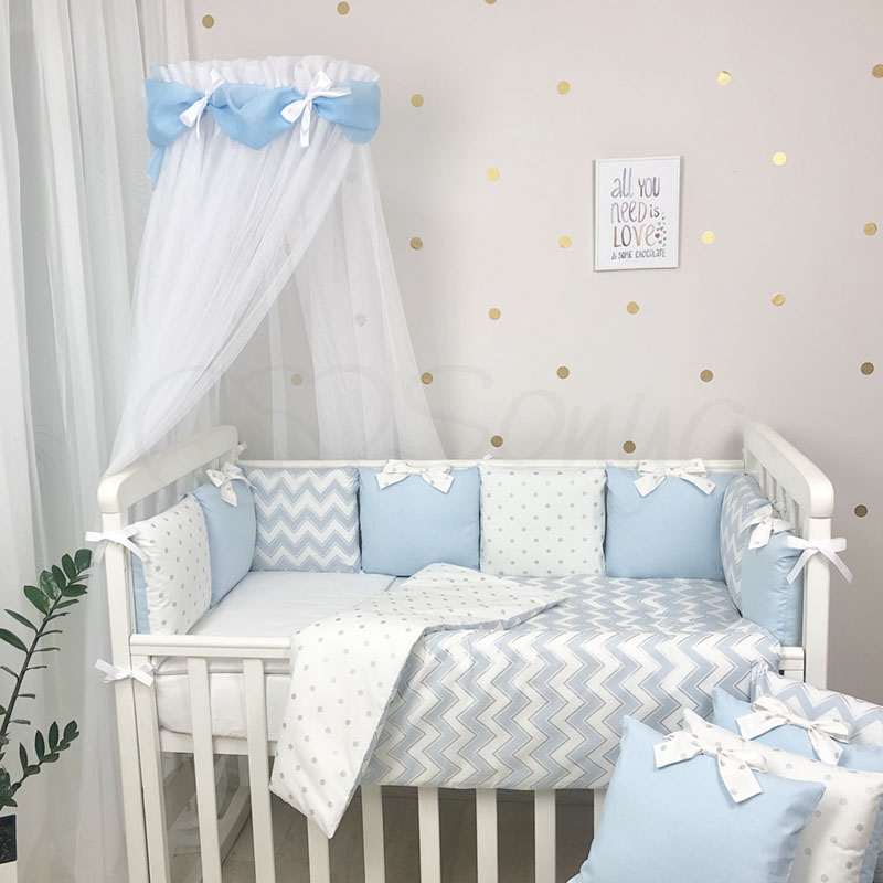 

Постельный комплект в детскую кроватку с балдахином (7 пр.) Shine голубой зигзаг