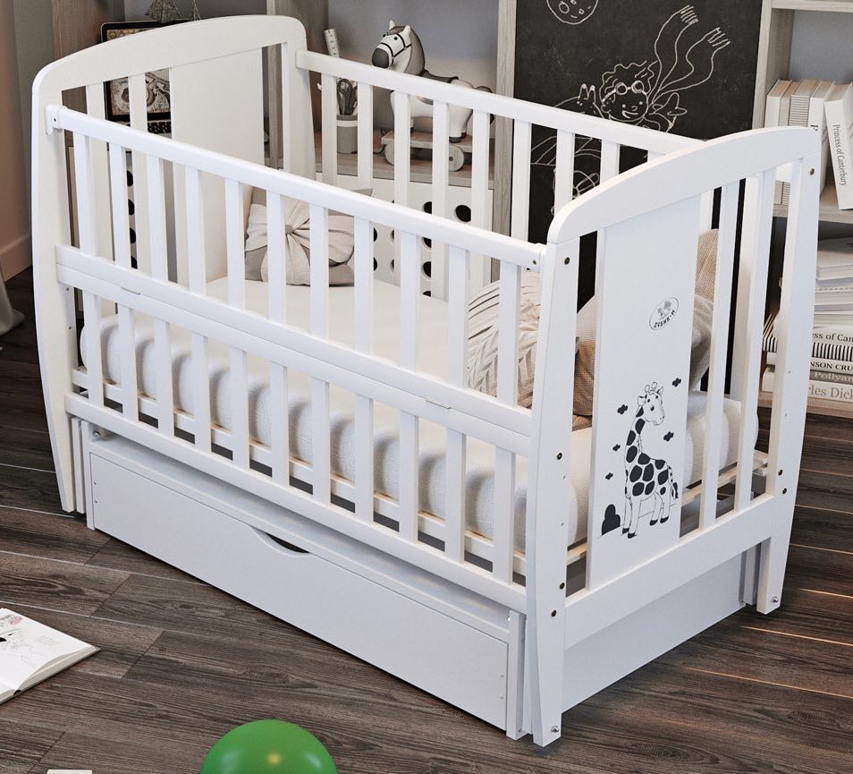 

Кровать Babyroom Жирафик маятник, ящик, откидной бок бук белый