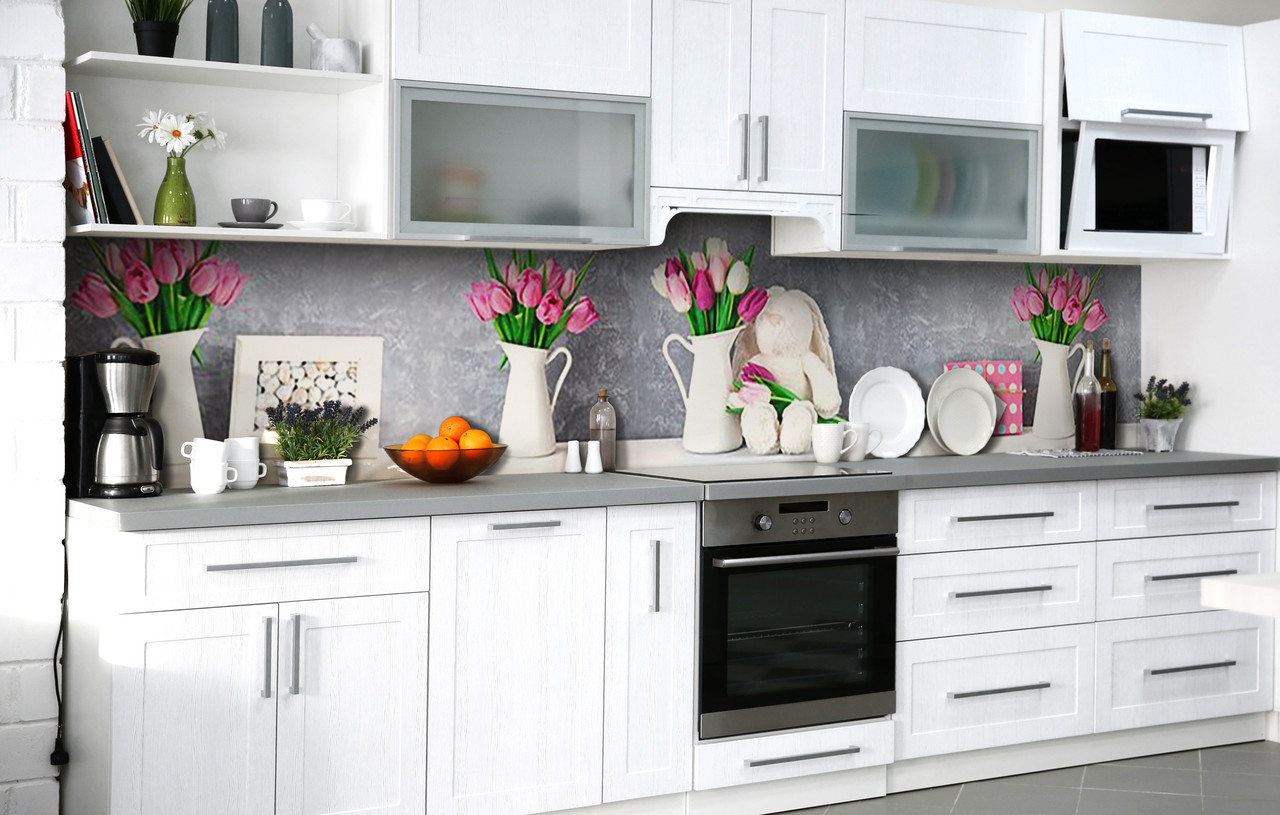 

Скинали на кухню Zatarga «Тюльпановые улыбки» 600х2500 мм виниловая 3Д наклейка кухонный фартук самоклеящаяся