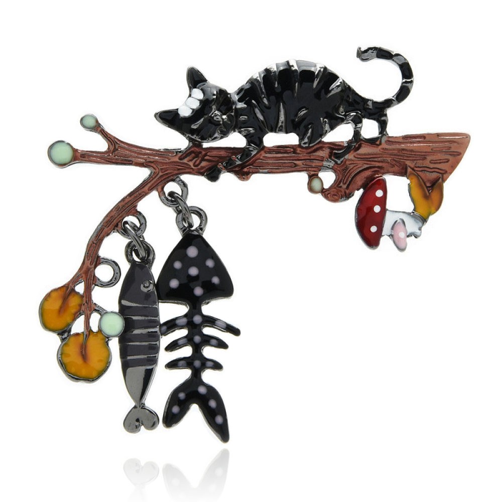 

Брошь женская BROCHE бижутерия с эмалью Животные Чёрный Кот на ветке с рыбками BRBF111441