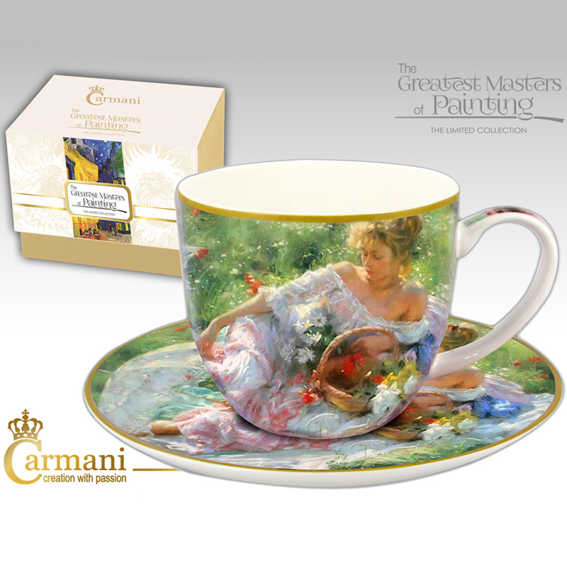 

Фарфоровая чашка с блюдцем Девушка с корзиной цветов Carmani T-SS32148