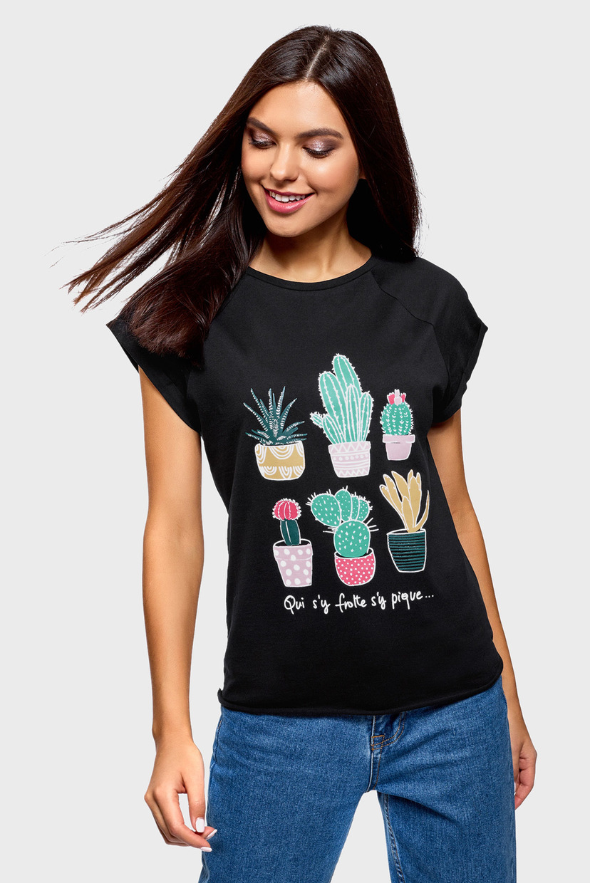 

Женская черная футболка Oodji  14707001-7/46154/2919P, Женская черная футболка Oodji XS 14707001-7/46154/2919P