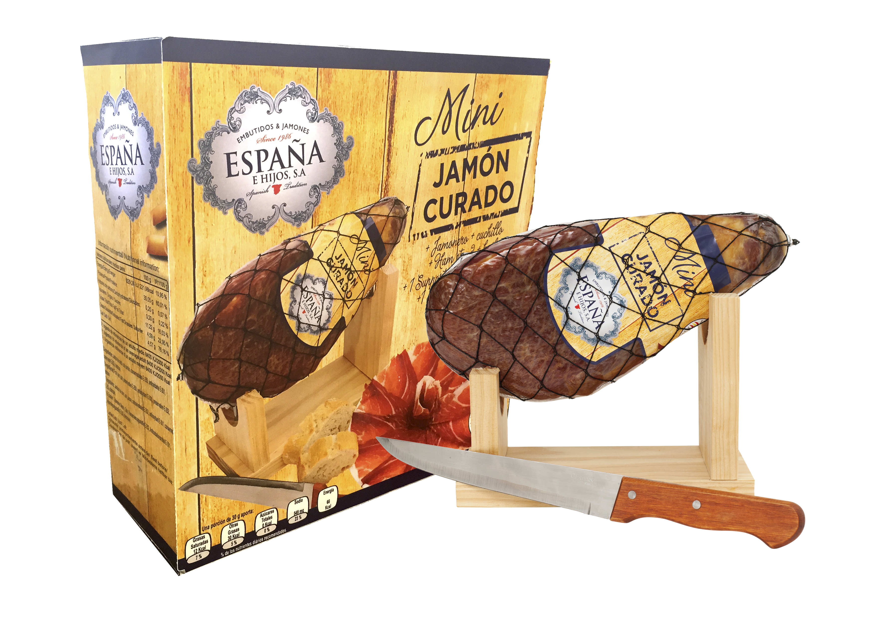 Акція на Хамон Espana Курадо мини в подарочной упаковке + подставка + нож, 8 месяцев выдержки 1 кг (8428204007489) від Rozetka UA