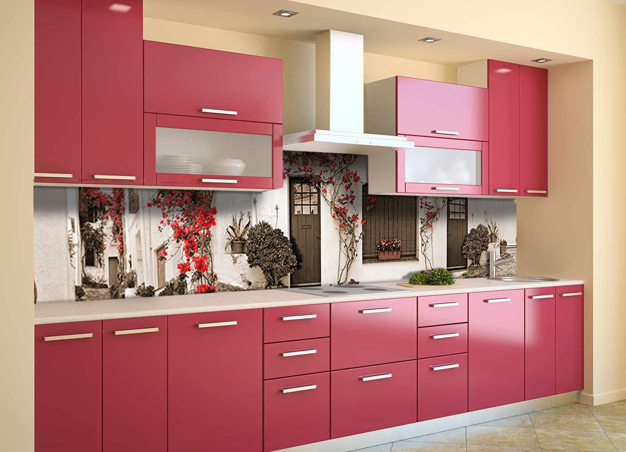 

Скинали на кухню Zatarga «Красные Цветы на белых стенах» 600х3000 мм виниловая 3Д наклейка кухонный фартук Z180646/2