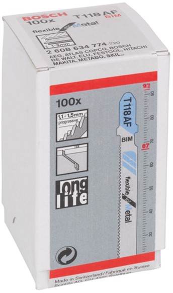 

Пиляльні полотна для лобзика Bosch T 118 AF Flexible for Metal, BIM 100 шт.