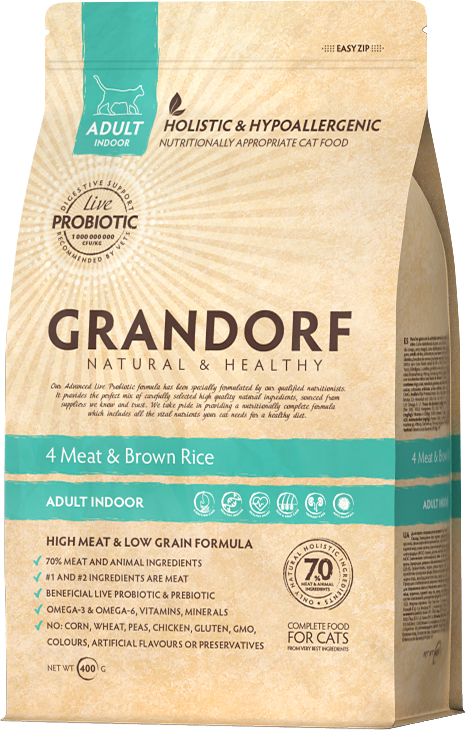 

Сухой корм для кошек Grandorf Living Probiotics 4 Meat & Brown Rice Indoor 4 вида мяса с бурым рисом и пробиотиками 400 г