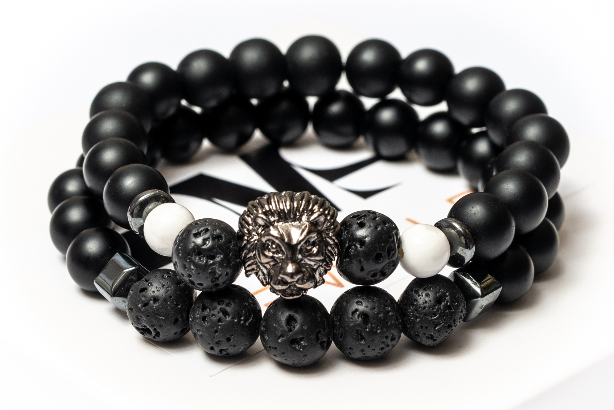 

Парные браслеты мужские DMS Jewelry из шунгита, лавового камня, кахолонга WHITE LION
