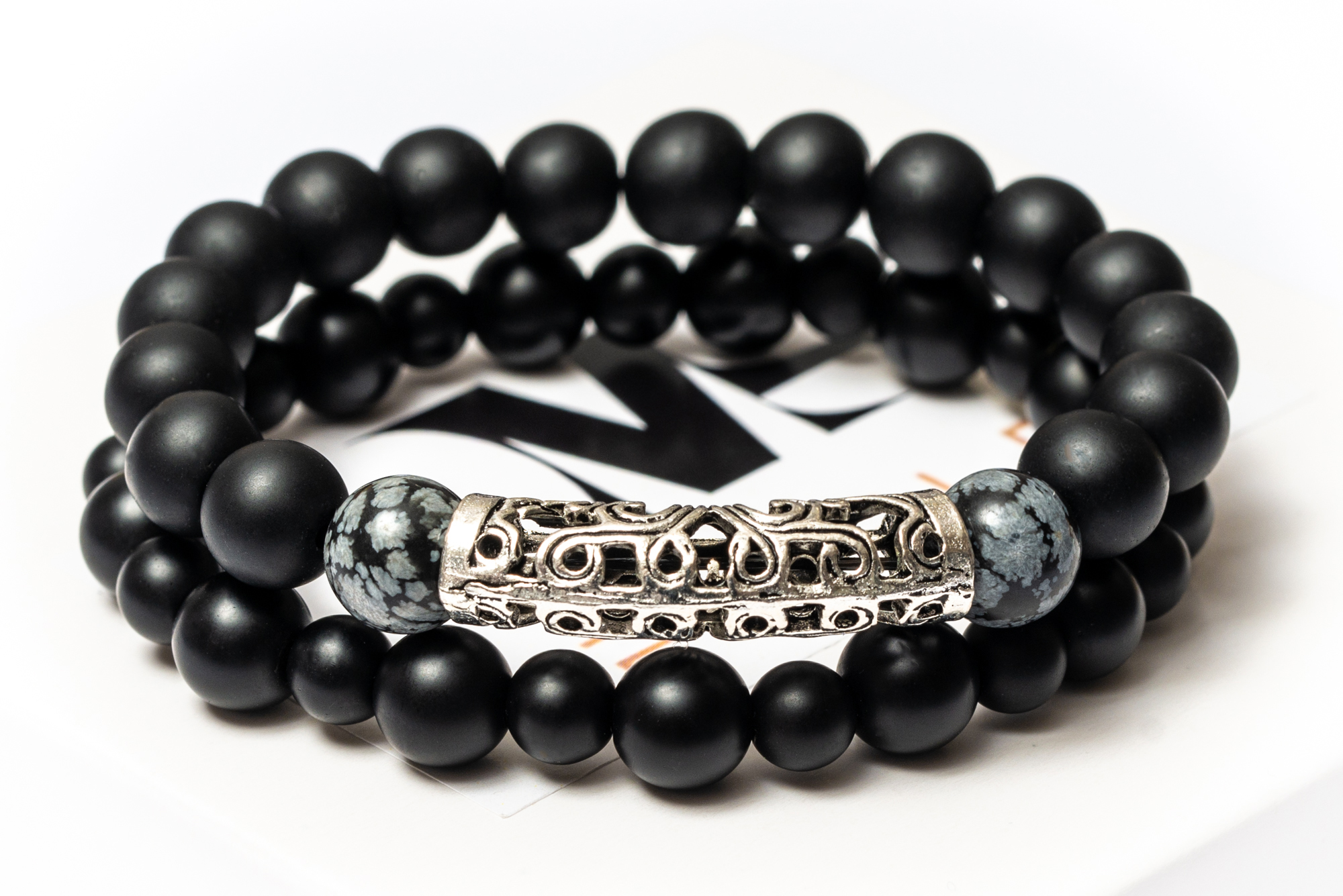 

Парные браслеты мужские DMS Jewelry из шунгита, обсидиана GRAY METAL STYLE
