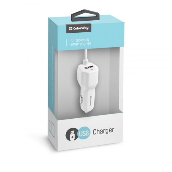 

Автомобильное зарядное устройство ColorWay MicroUSB/Type-C/Lightning plus USB 3.1A White