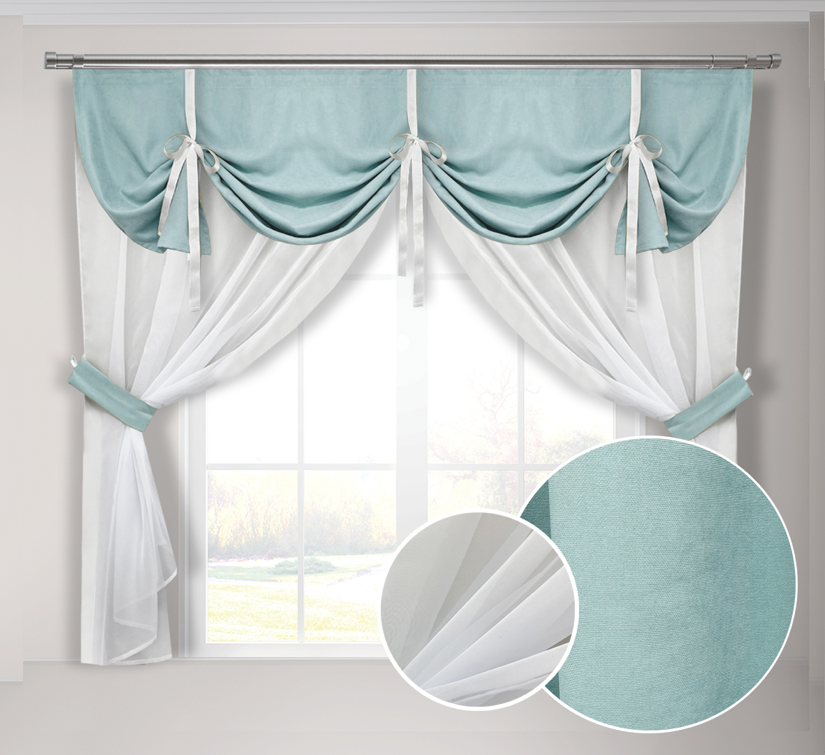 

Кухонная занавеска мятно-голубая Adagio Windows Decor с ламбрекеном в размере 2х1,7м