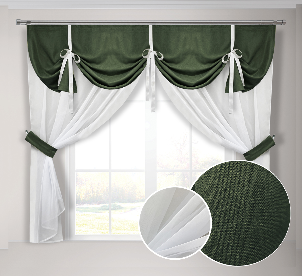 

Кухонная занавеска зелёная Adagio Windows Decor с ламбрекеном в размере 2х1,7м