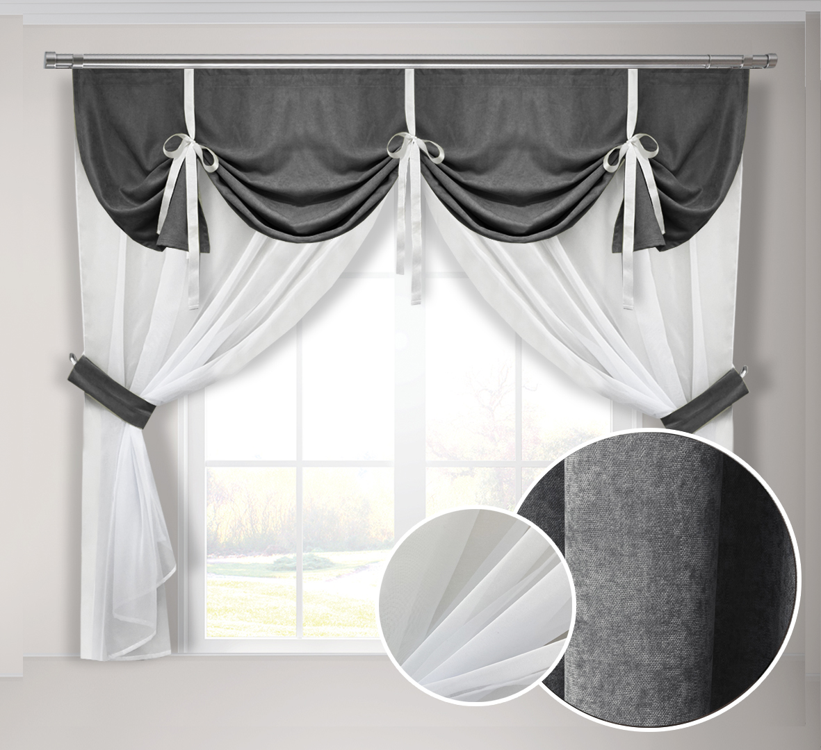 

Кухонная занавеска темно-серая Adagio Windows Decor с ламбрекеном в размере 2х1,7м