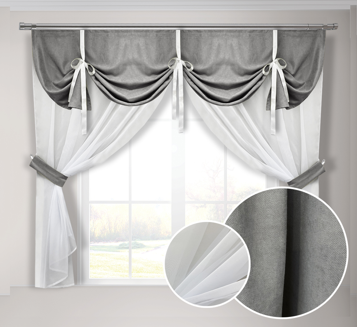 

Кухонная занавеска серая Adagio Windows Decor с ламбрекеном в размере 2х1,7м