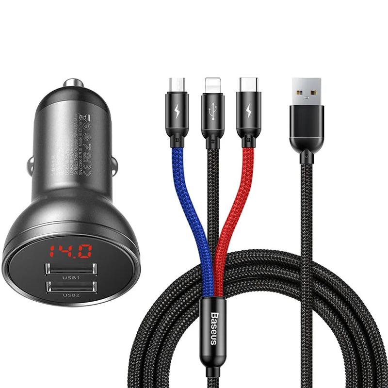 

Автомобильное зарядное устройство 2 USB 4,8 А 24 Вт с кабелем 1,2 м USB Type C / Micro USB / Lightning Baseus Dual USB (TZCCBX-0G) черный