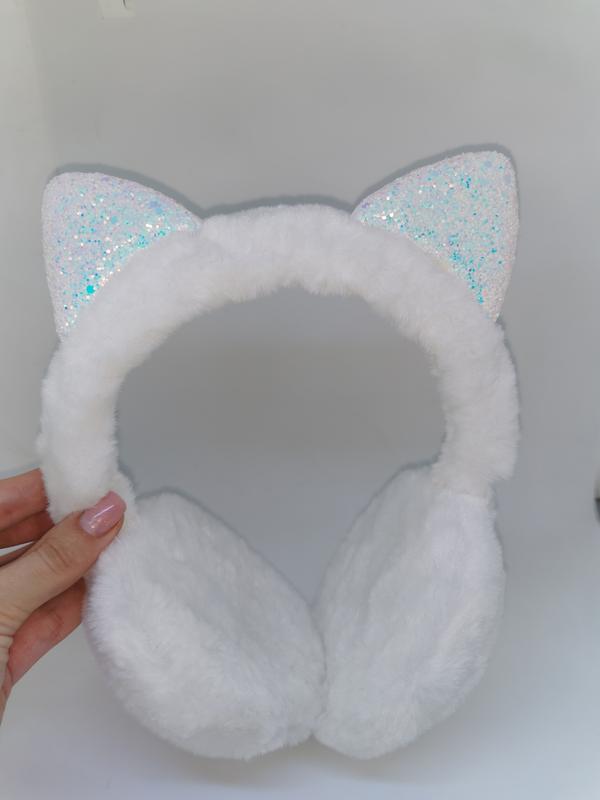 

Меховые теплые наушники детские с ушками с глиттером белые (44-52 см)