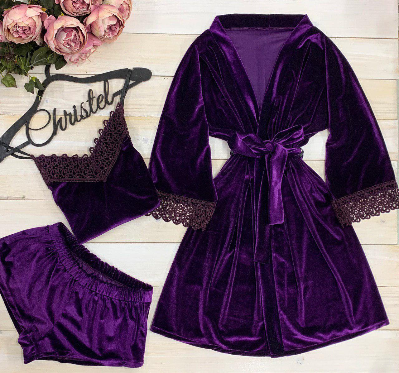 

Пижама комплект Cristel (майка+шорты+халат) бархатный Фиолетовый S