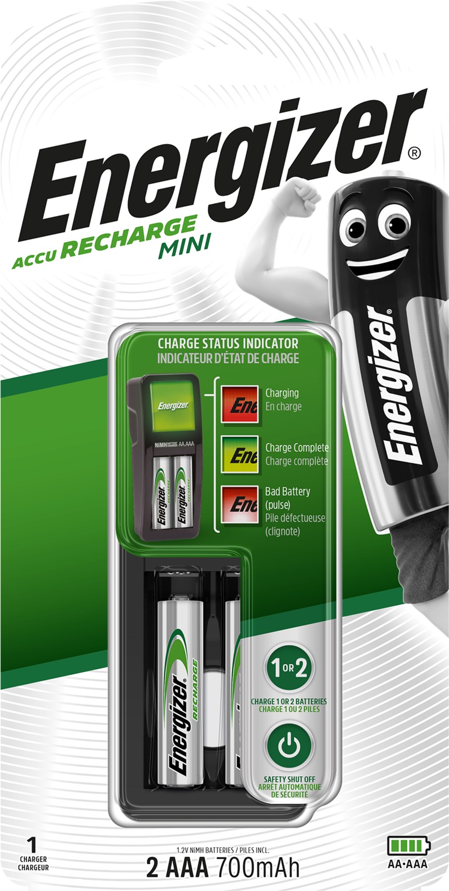

Зарядний пристрій Energizer CH2PC3 Mini EU+2 NH12/AAA 700 мА·год (Е300701401)