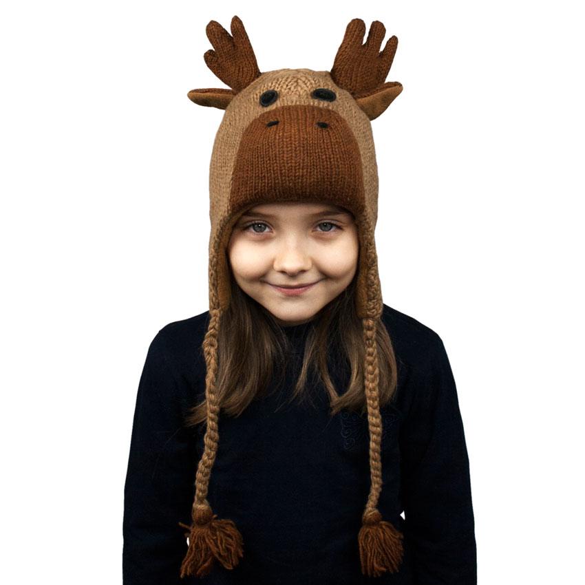 

Шапка с ушками детская Animals Лось Moose Kathmandu Ручная работа 100% шерсть яка 44-46 см Коричневый