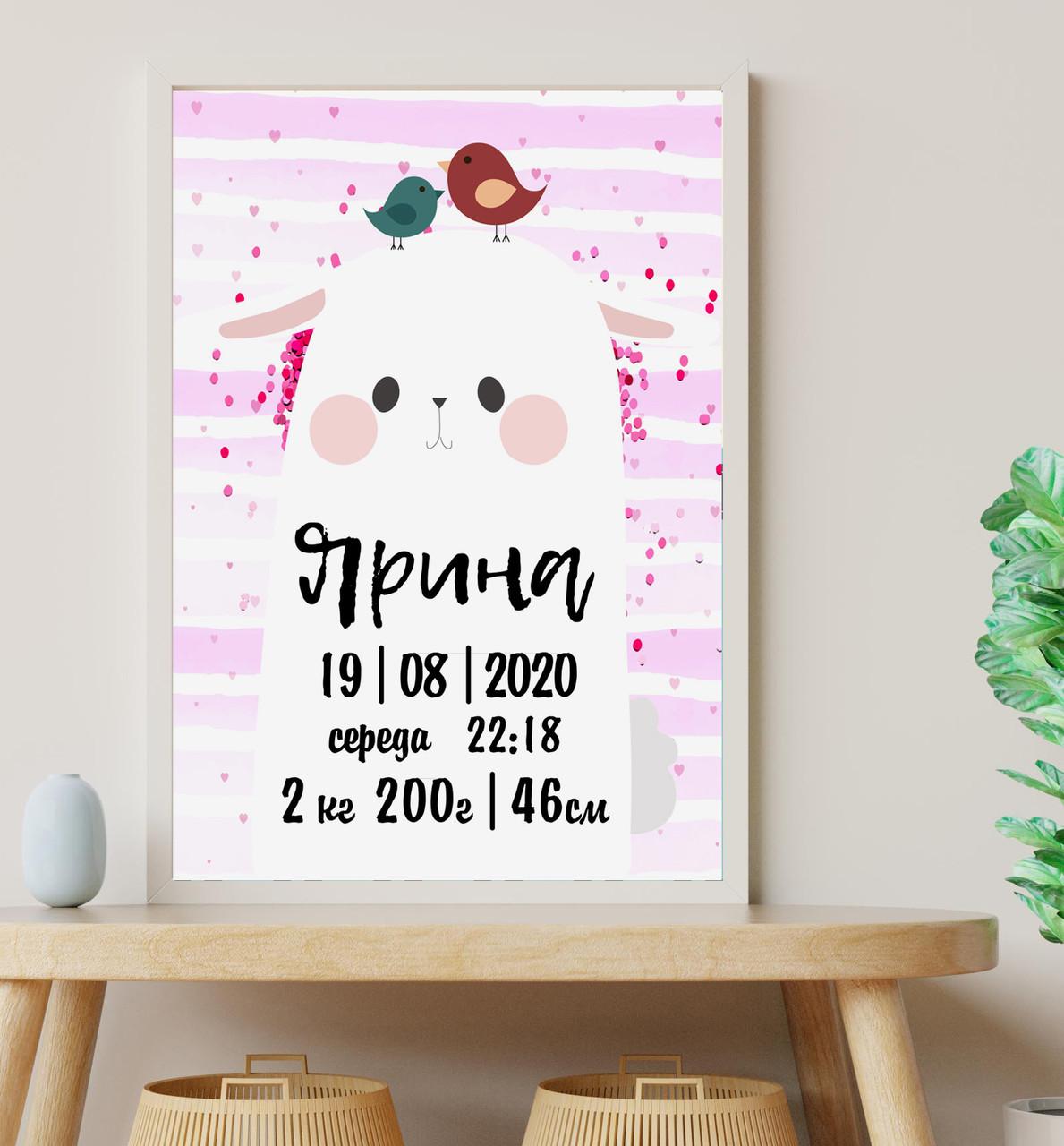 

Постер детский метрика для девочки Зайчик полоски формат А3 NEHILO