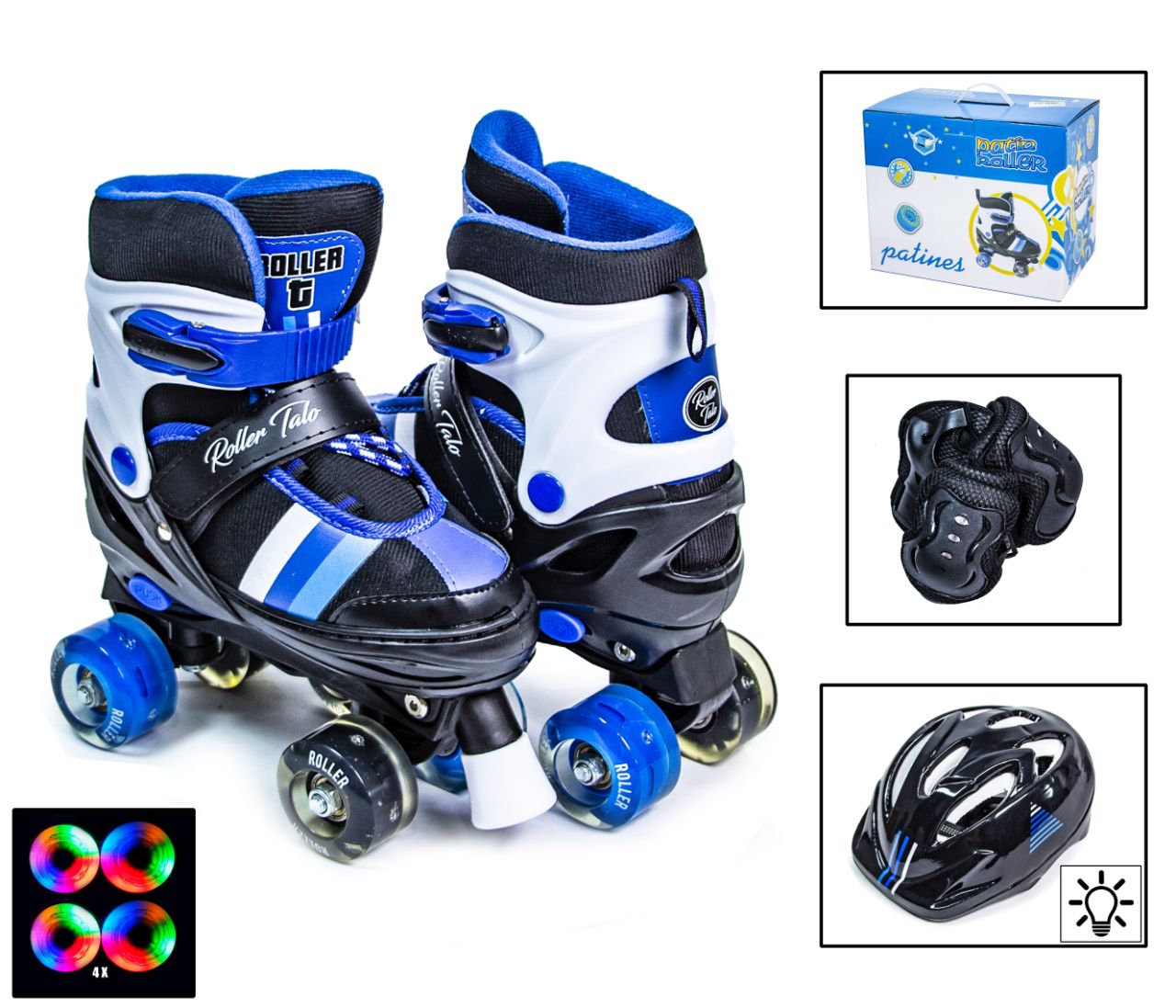 Комплект Roller  Квады 29-33 Защита Шлем черно-синие cветящиеся .