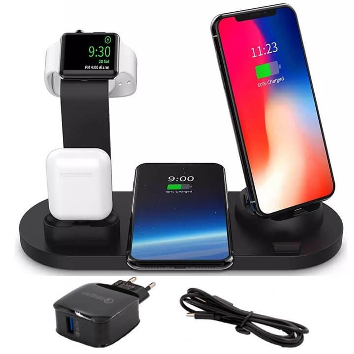 

Беспроводное зарядное устройство 4 в 1 Fast Charge Black станция-органайзер с технологией QI для iPhone, Apple Watch, AirPods