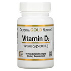 Вітамін D3, California Gold Nutrition, 125 мкг (5000 МО), 90 капсул з риб'ячого желатину - зображення 1