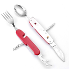 Туристический набор складной 6 в 1 ложка, вилка, нож, открывалка, штопор, красный.