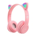 Наушники детские Bluetooth накладные Cat Ear P47M Гарнитура MP3 с кошачьими ушками RGB подсветкой Розовые