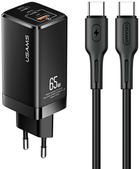 Мережевий зарядний пристрій Usams T33 2xUSB-C+USB 65W GaN PD Fast Charging Black + кабель USB-C - USB-C 30W Black (6958444927350) - зображення 1