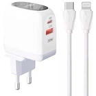 Зарядне мережеве LDNIO A2522C USB/ Type-C QC PD 30W адаптер з дисплеєм + кабель Type-C to Lightning для iOS пристроїв iPhone/iPad/iPod Білий