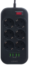 Filtr sieciowy przedłużacz LDNIO SE6403 6 gniazd / 4 USB 2 m Black (6933138690178) - obraz 1