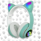 Беспроводные наушники с ушками с микрофоном Cat Ear светящиеся ушки и лапки кошки Bluetooth складные, Зеленые
