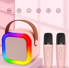 Портативная Bluetooth колонка мини караоке с 2 беспроводными микрофонами и LED RGB подсветкой с изменением голоса K12