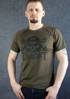 Футболка літня "Tankist" з коротким рукавом олива Coolpass (розмір XXXL) з написом "Сталевий молот" і череп в шоломі - зображення 1