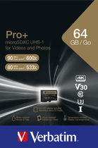 Карта пам'яті Verbatim Pro+ MicroSDXC 64GB UHS Speed Class 3 + SD-адаптер (23942440345) - зображення 3