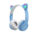 Детские беспроводные наушники светящиеся ушки кошки P47 Bluetooth 5.0 с микрофоном, голубые