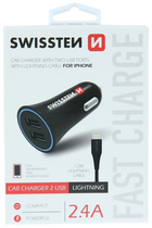 Автомобільний зарядний пристрій Swissten CL 2 x USB-A 12W Quick Charge 2.4 + кабель Lightning 1.2 м Black (20110910) - зображення 1