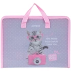 Портфель A4 Kite Studio Pets "Кошеня з фотоапаратом" на блискавці пластиковий з тканевими ручками сірий з рожевий (SP24-202)
