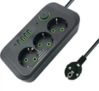 Подовжувач мережевий UA Power F09U, 4USB, Type-C, 3 розетки, 6 м, чорний