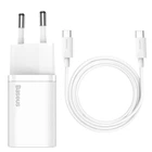 Блок живлення Швидка зарядка Мережевий Зарядний Пристрій Baseus Super Si Quick Charger 1C 25W EU Mini White Cable Type-C to Type-C 3A 1m White
