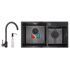 Кухонная мойка MIXXUS SET-7843D-220x1.0-PVD черная на две чаши из нержавеющей стали со смесителем и диспенсером (MX0585)