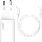 Комплект для швидкої зарядки Зарядний мережевий пристрій Baseus Super Si 25W Type-C 3A QC3.0+PD3.0 + Кабель Type-C to Type-C 3A 1m (TZCCSUP-L02) White