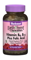 Вітамін B6 B12 + Фолієва кислота Смак Малини Earth Sweet Chewables Bluebonnet Nutrition 60 жувальних таблеток