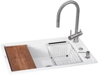 Кухонная мойка GRANADO Royal Estella 6-в-1 White со смесителем, дозатором для моющего, измельчителем пищевых отходов, метал.корзиной и кухонной доской